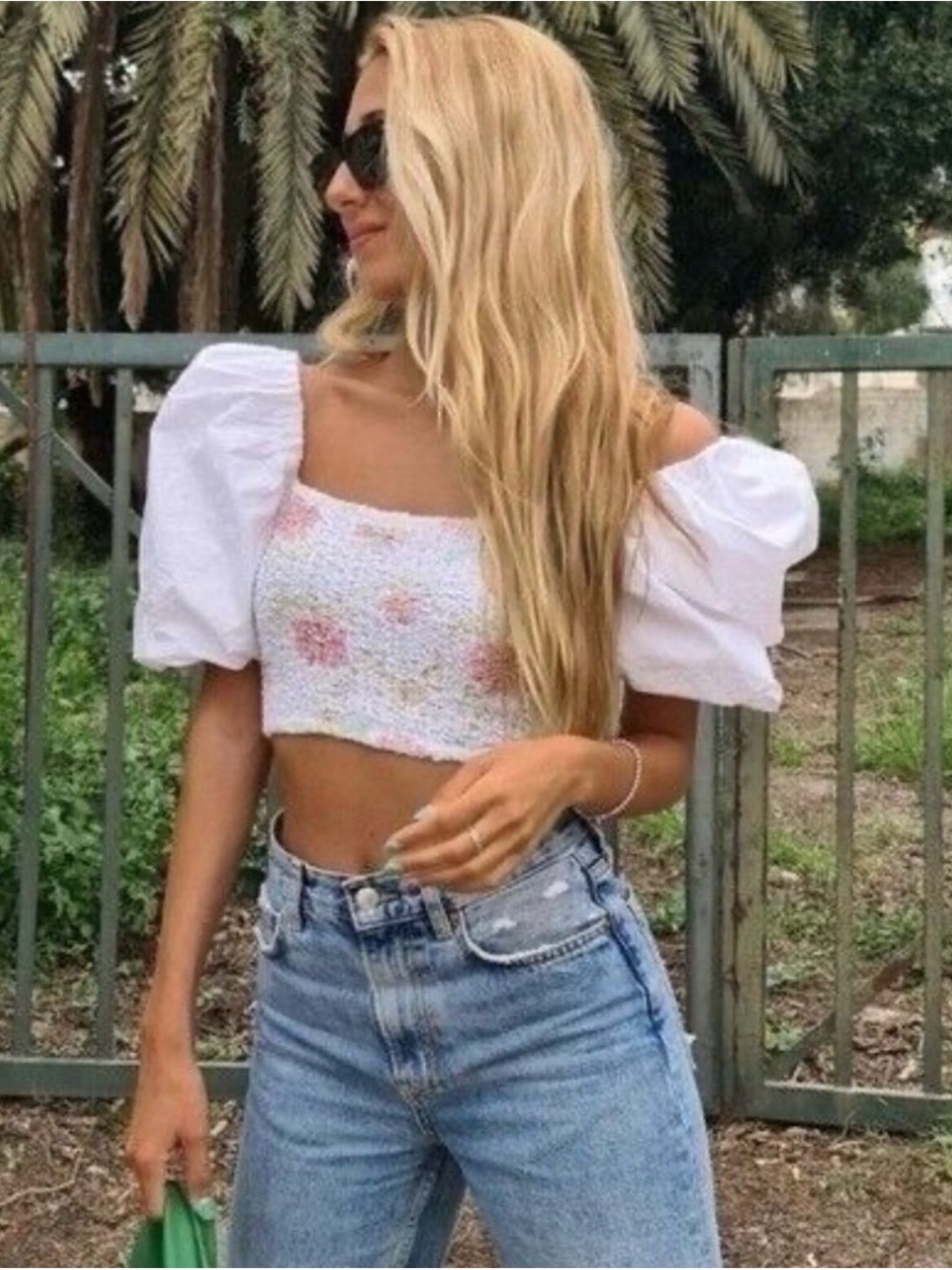 Zara White Puff-Sleeve Floral Smocked Crop Top